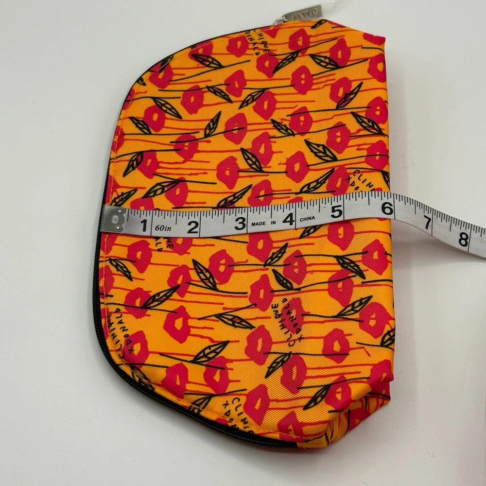 Clinique x Donald Robertson Makeup Bag Orange Pink Lips Leaf Cosmetic Pouch NWOT